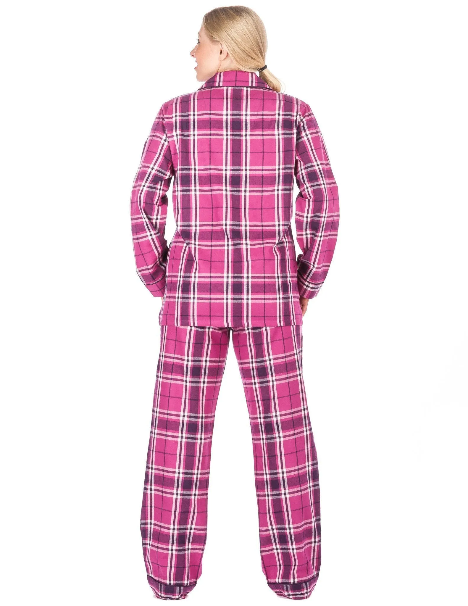 Women's Premium 100% Cotton Flannel Pajama Sleepwear Set (Relaxed Fit) - Plaid - Purple/Pink