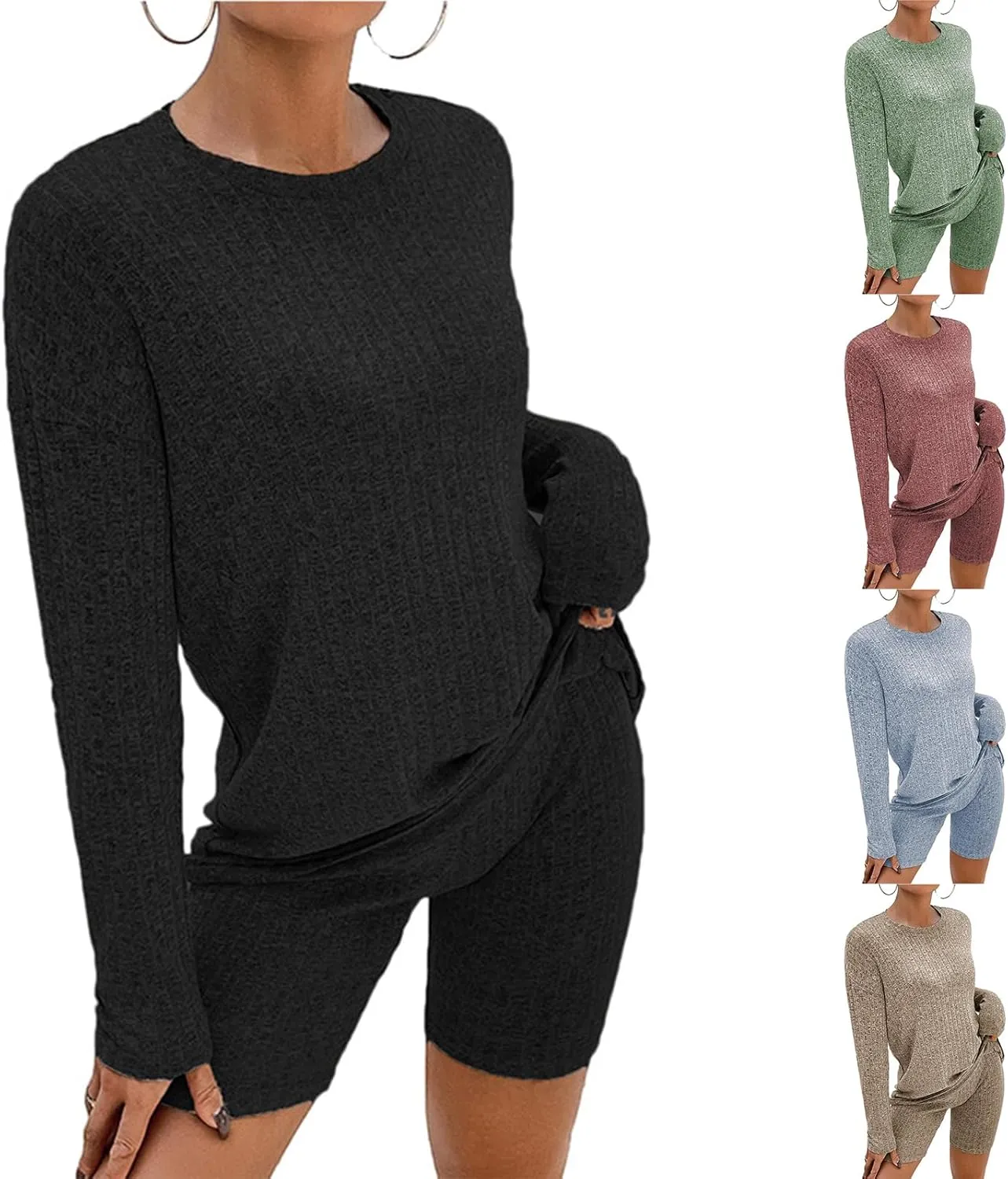 Womens Ribbed Knit Lounge Set Cap Sleeve Top and Shorts Pajamas Set Two Piece Shorts Outfits Set Sleepwear