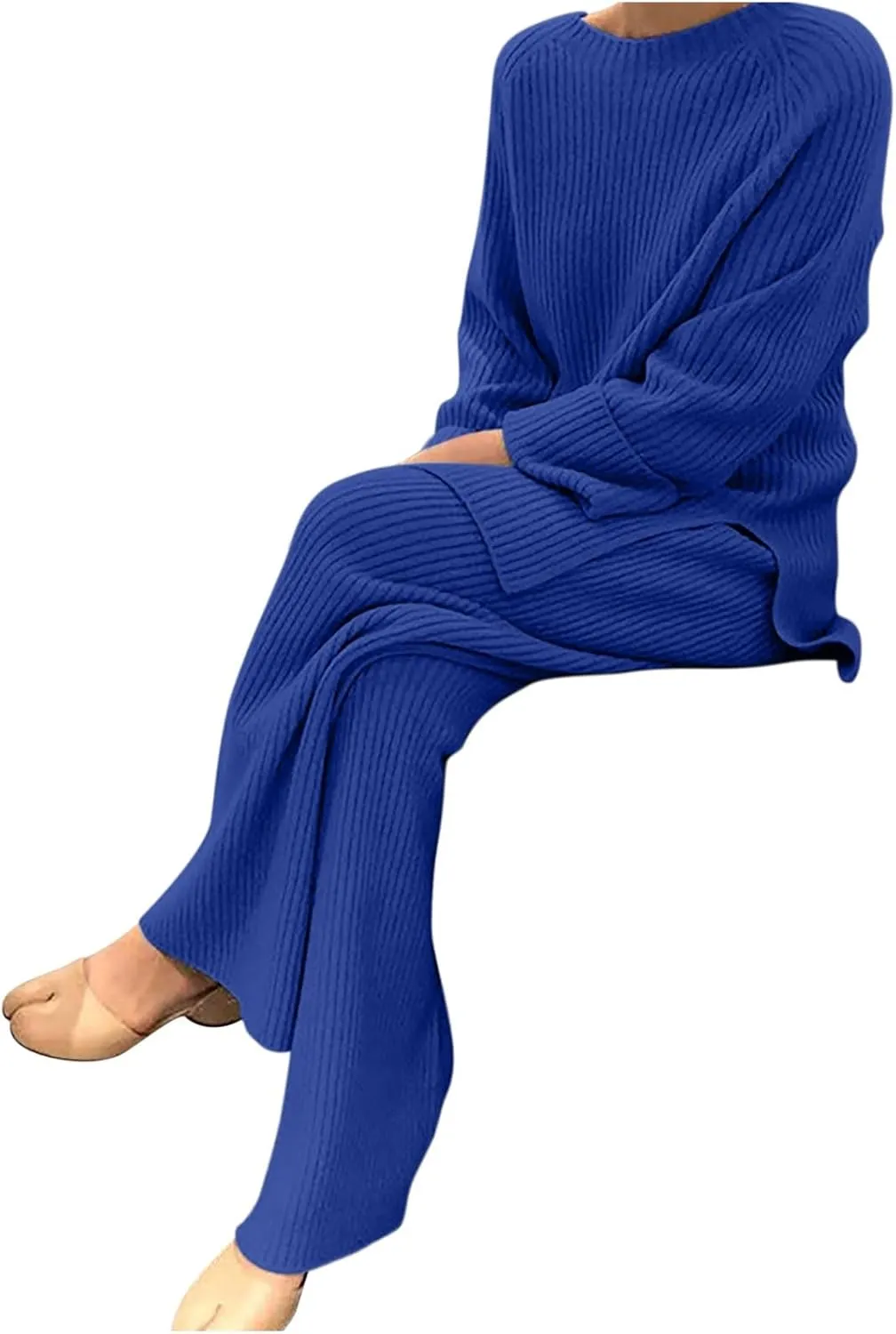 Womens Ribbed Knit Lounge Set Crewneck Sweatsuit Long Sleeve Pullover Top with Wide Leg Pants Two Piece Outfits
