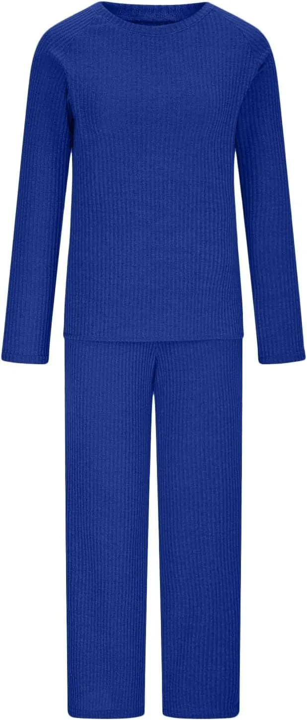 Womens Ribbed Knit Lounge Set Crewneck Sweatsuit Long Sleeve Pullover Top with Wide Leg Pants Two Piece Outfits