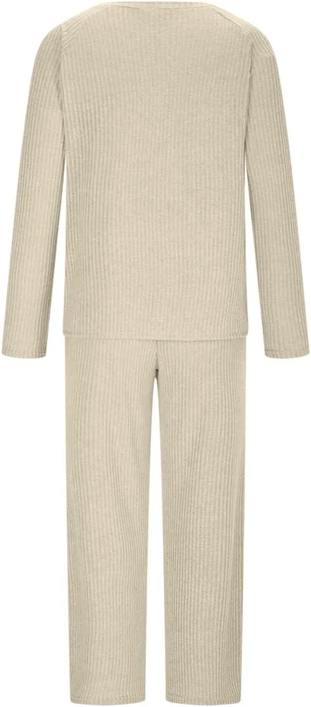 Womens Ribbed Knit Lounge Set Crewneck Sweatsuit Long Sleeve Pullover Top with Wide Leg Pants Two Piece Outfits