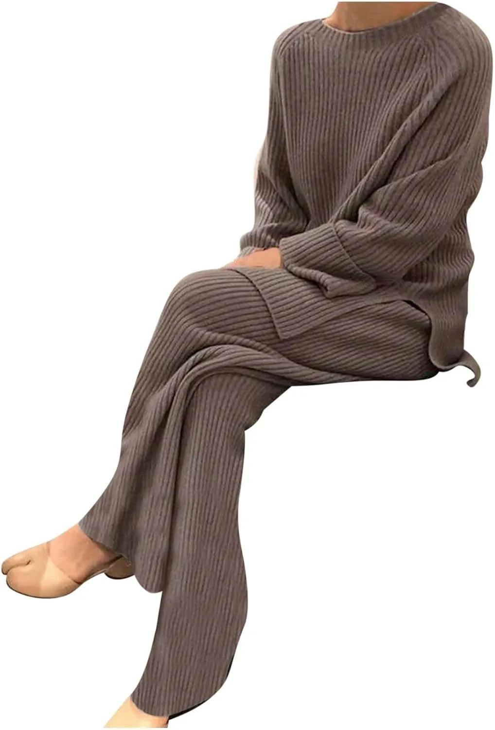 Womens Ribbed Knit Lounge Set Crewneck Sweatsuit Long Sleeve Pullover Top with Wide Leg Pants Two Piece Outfits