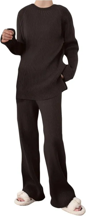 Womens Ribbed Knit Lounge Set Crewneck Sweatsuit Long Sleeve Pullover Top with Wide Leg Pants Two Piece Outfits