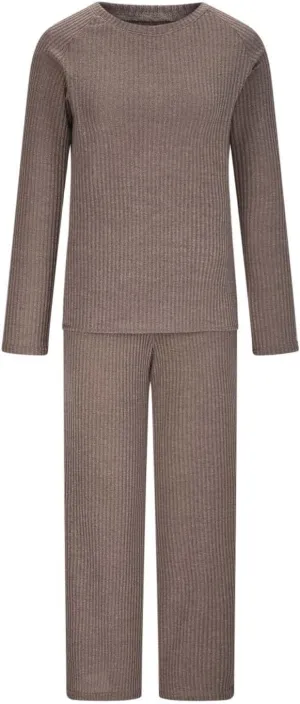 Womens Ribbed Knit Lounge Set Crewneck Sweatsuit Long Sleeve Pullover Top with Wide Leg Pants Two Piece Outfits