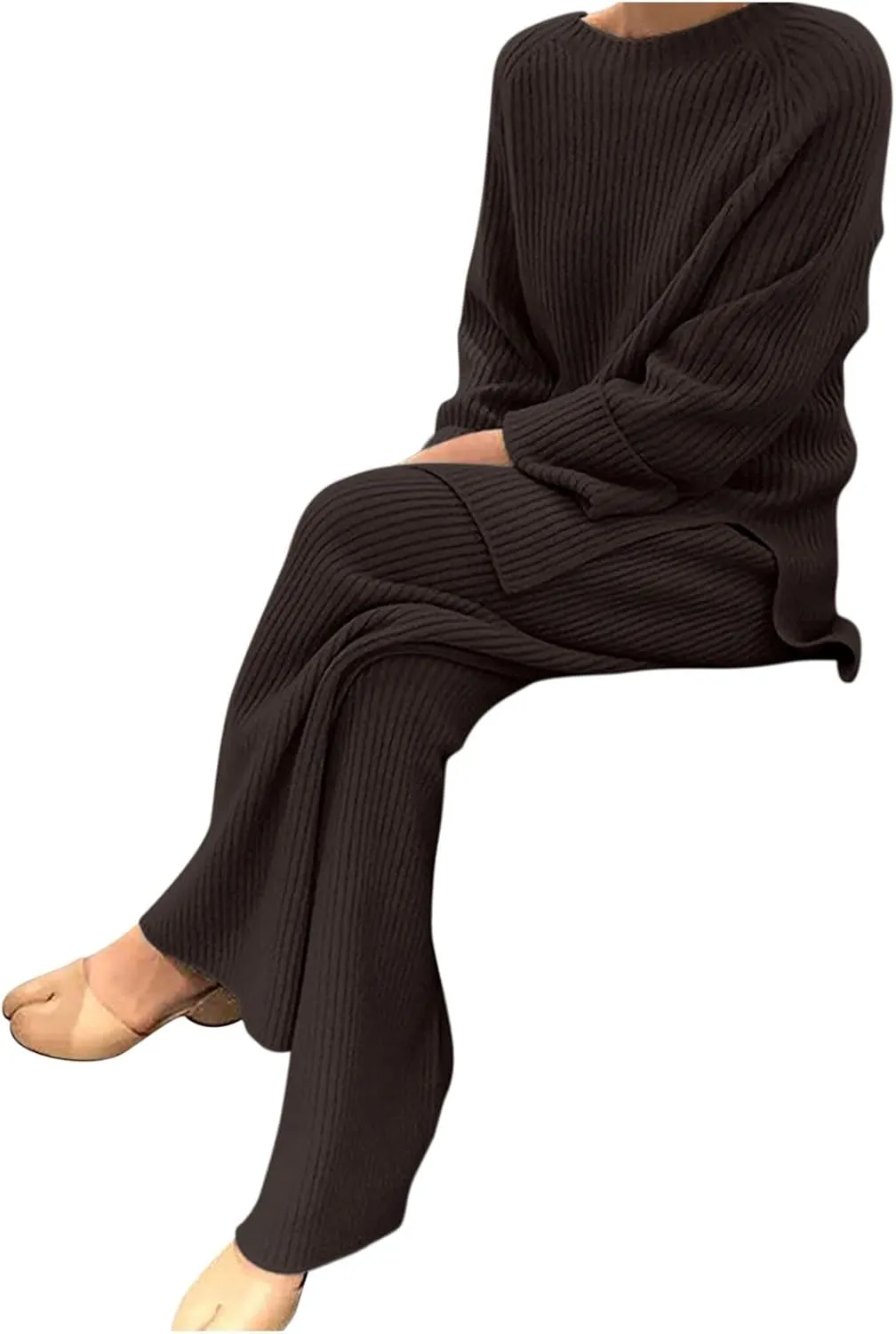 Womens Ribbed Knit Lounge Set Crewneck Sweatsuit Long Sleeve Pullover Top with Wide Leg Pants Two Piece Outfits