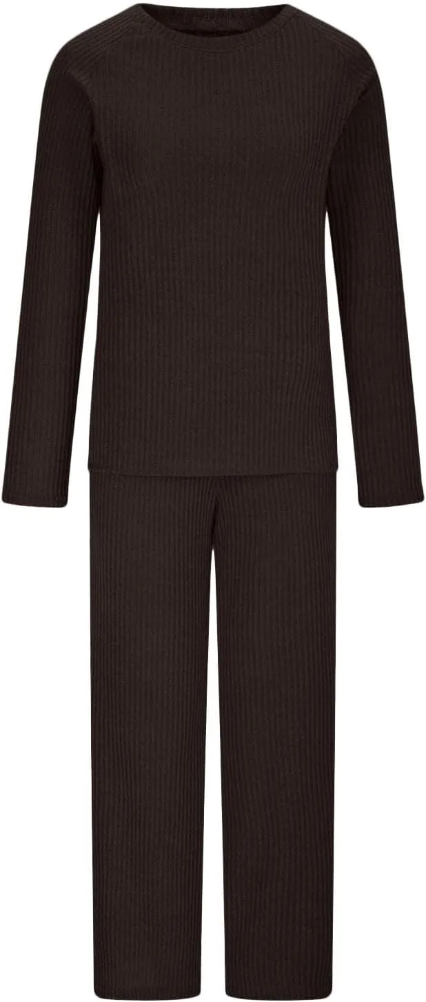 Womens Ribbed Knit Lounge Set Crewneck Sweatsuit Long Sleeve Pullover Top with Wide Leg Pants Two Piece Outfits