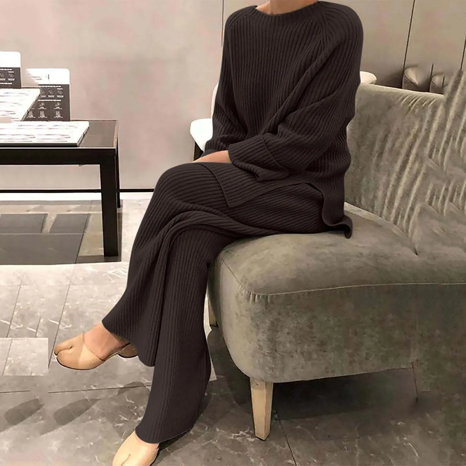 Womens Ribbed Knit Lounge Set Crewneck Sweatsuit Long Sleeve Pullover Top with Wide Leg Pants Two Piece Outfits