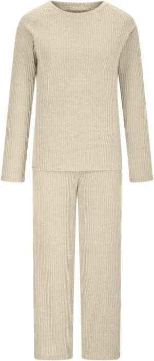 Womens Ribbed Knit Lounge Set Crewneck Sweatsuit Long Sleeve Pullover Top with Wide Leg Pants Two Piece Outfits
