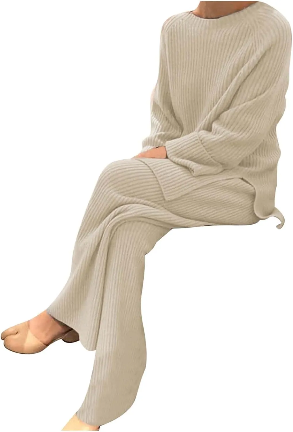 Womens Ribbed Knit Lounge Set Crewneck Sweatsuit Long Sleeve Pullover Top with Wide Leg Pants Two Piece Outfits