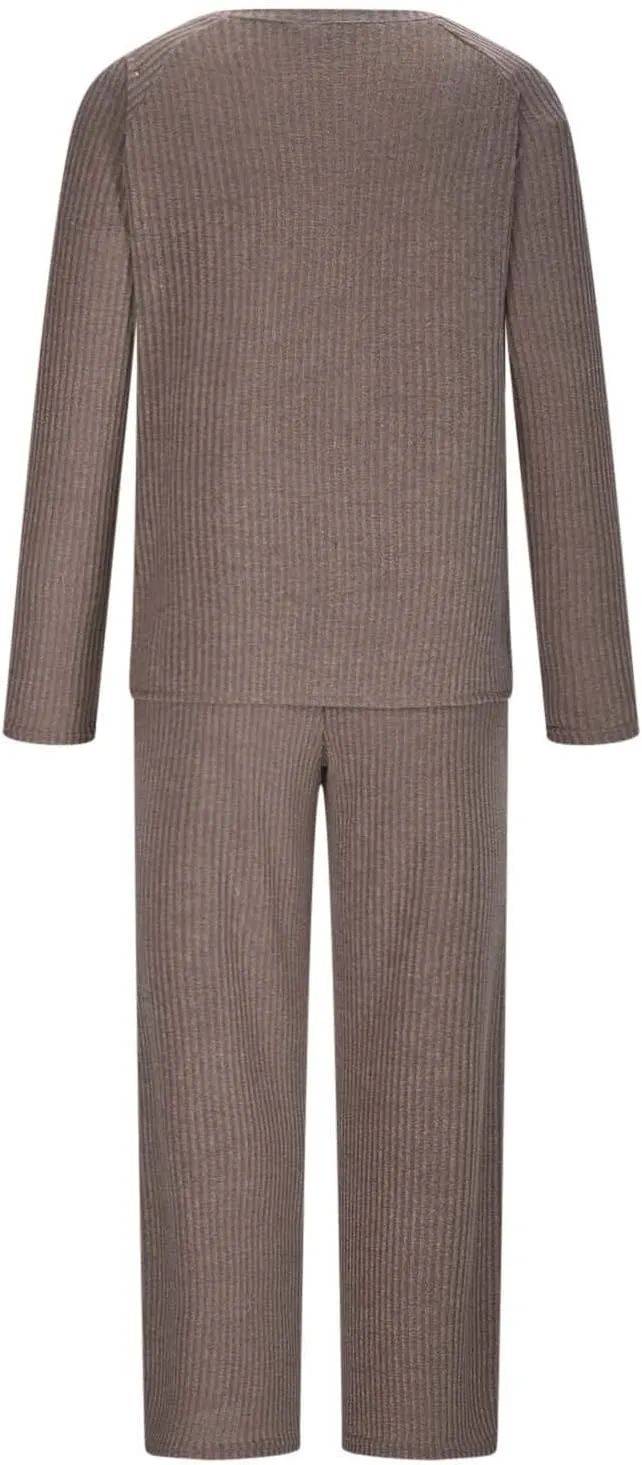 Womens Ribbed Knit Lounge Set Crewneck Sweatsuit Long Sleeve Pullover Top with Wide Leg Pants Two Piece Outfits