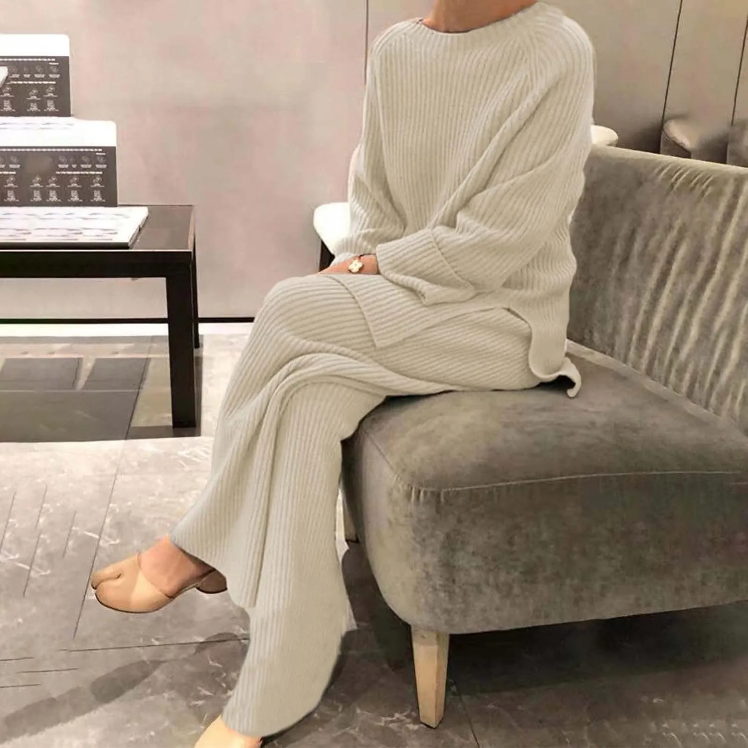 Womens Ribbed Knit Lounge Set Crewneck Sweatsuit Long Sleeve Pullover Top with Wide Leg Pants Two Piece Outfits