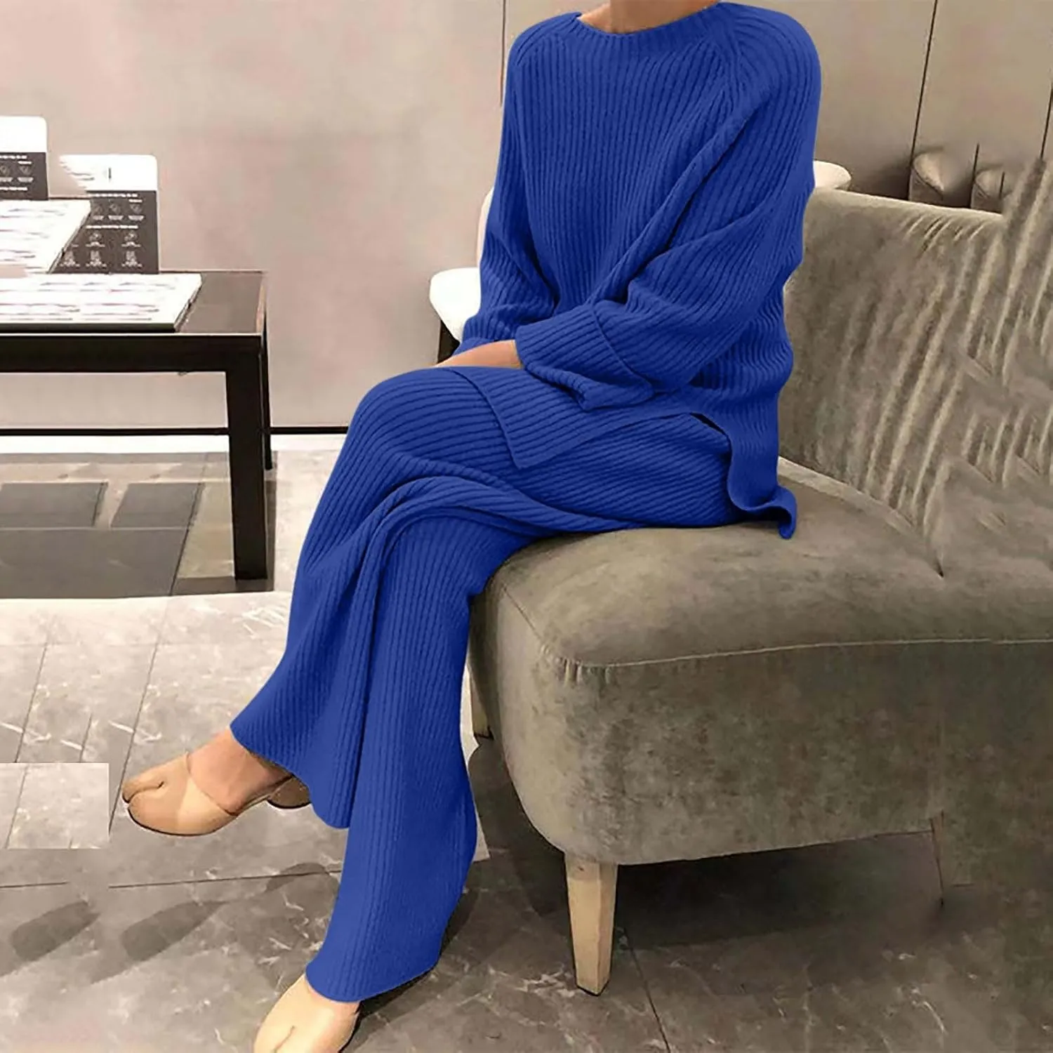 Womens Ribbed Knit Lounge Set Crewneck Sweatsuit Long Sleeve Pullover Top with Wide Leg Pants Two Piece Outfits