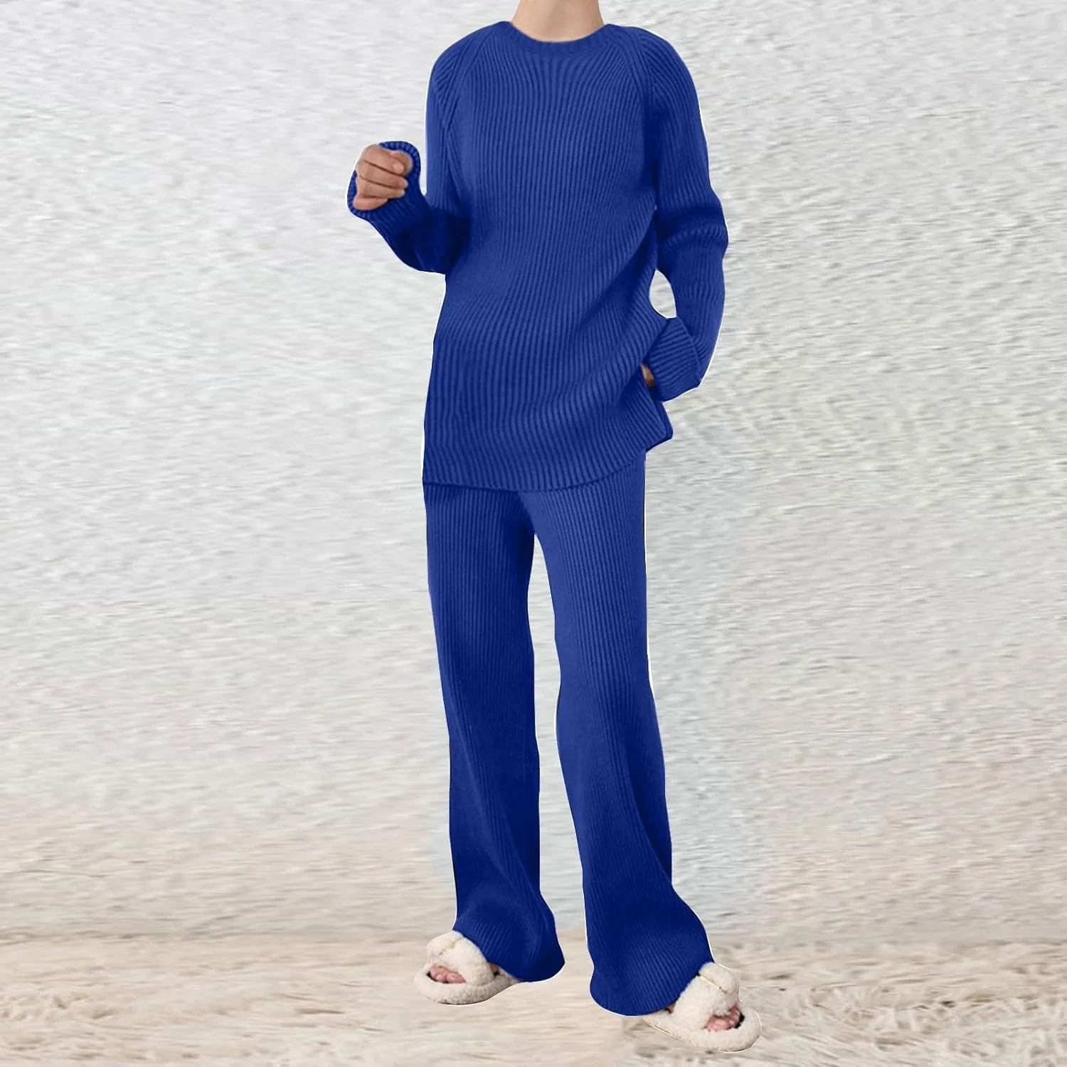 Womens Ribbed Knit Lounge Set Crewneck Sweatsuit Long Sleeve Pullover Top with Wide Leg Pants Two Piece Outfits