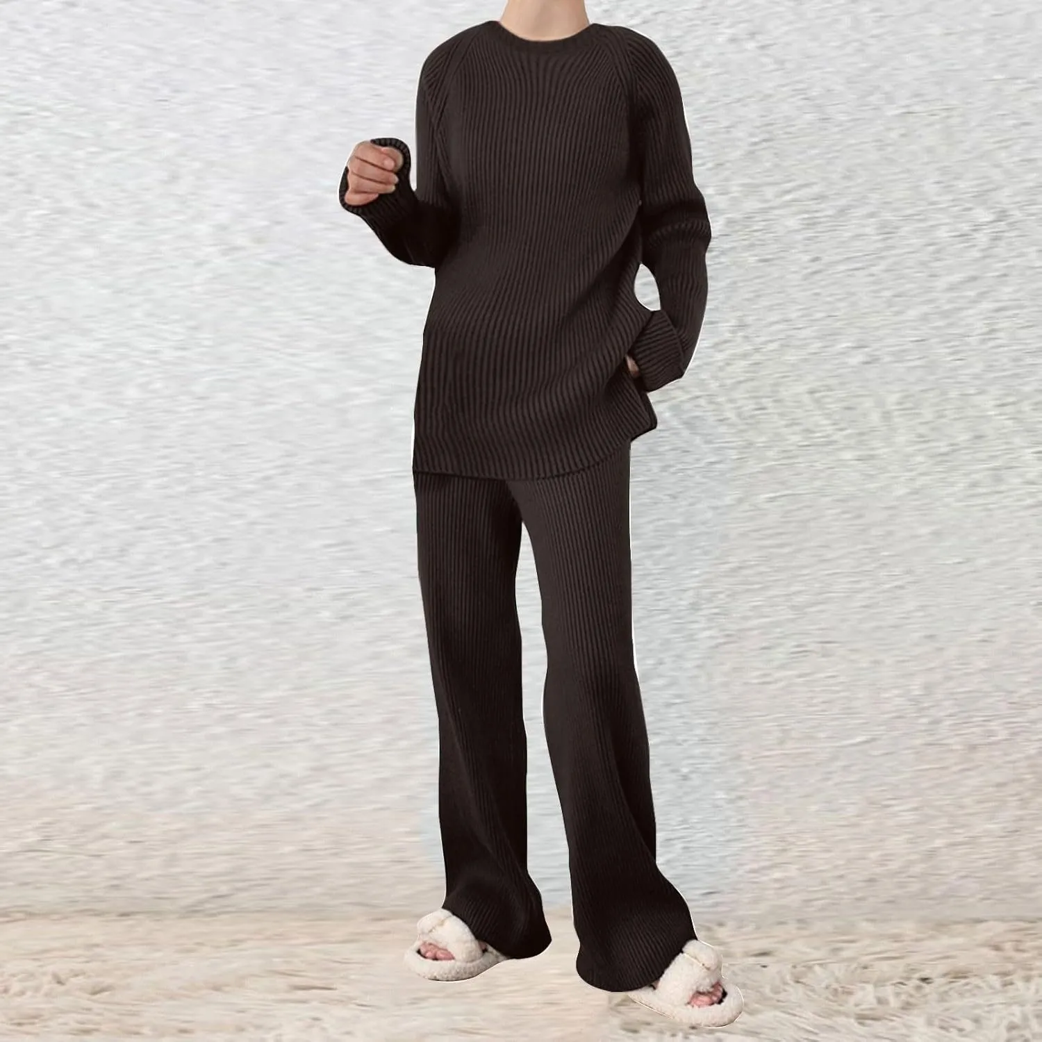 Womens Ribbed Knit Lounge Set Crewneck Sweatsuit Long Sleeve Pullover Top with Wide Leg Pants Two Piece Outfits