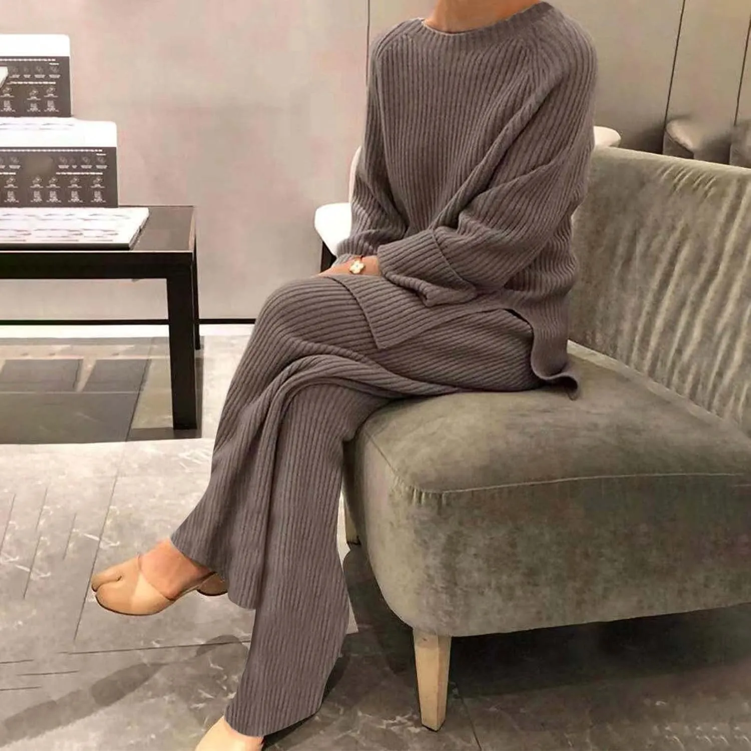 Womens Ribbed Knit Lounge Set Crewneck Sweatsuit Long Sleeve Pullover Top with Wide Leg Pants Two Piece Outfits