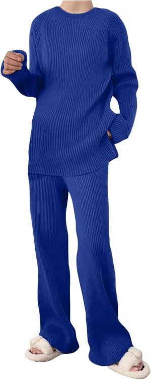 Womens Ribbed Knit Lounge Set Crewneck Sweatsuit Long Sleeve Pullover Top with Wide Leg Pants Two Piece Outfits