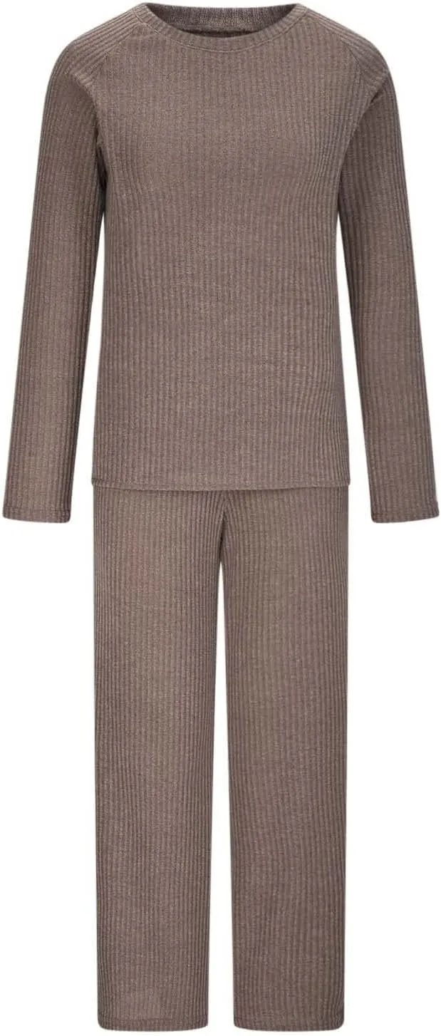 Womens Ribbed Knit Lounge Set Crewneck Sweatsuit Long Sleeve Pullover Top with Wide Leg Pants Two Piece Outfits