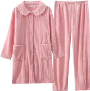 Womens Ribbed Knit Pajama Sets Comfy Nightgown And Pants Flannel Pajama Sleepwear Long Sleeve Soft Pjs Lounge Set