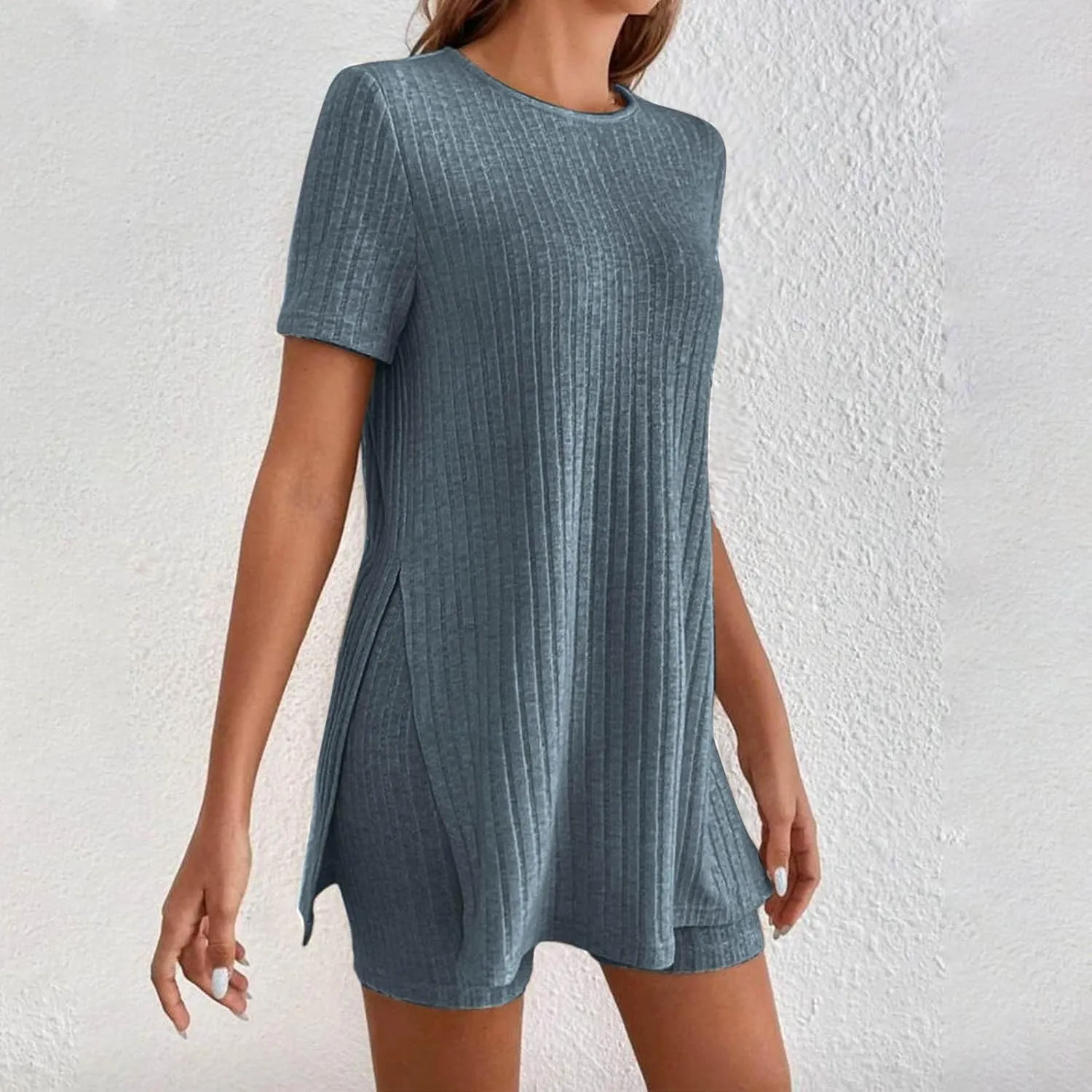 Womens Ribbed Knit Pajamas Side Slits Lounge Set Short Sleeve Tunic Top and Shorts Two Piece Pjs Causal Workout Set