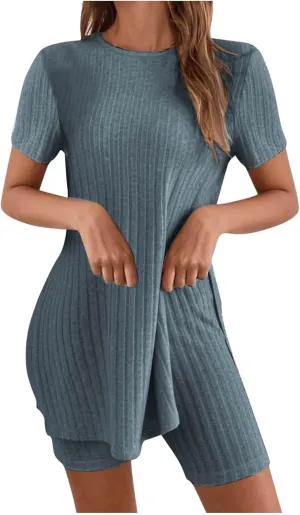 Womens Ribbed Knit Pajamas Side Slits Lounge Set Short Sleeve Tunic Top and Shorts Two Piece Pjs Causal Workout Set
