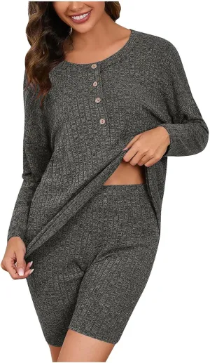 Women's Ribbed Pajama Set Soft 2 Piece Lounge Sets Long sleeve Button up Tops and Biker Shorts Comfy Sleepwear
