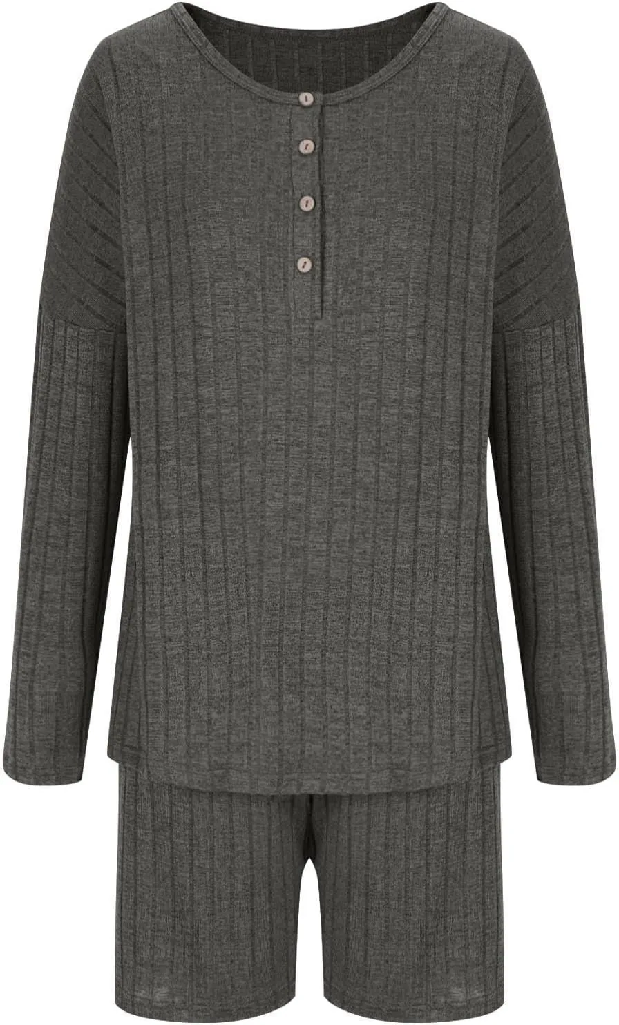 Women's Ribbed Pajama Set Soft 2 Piece Lounge Sets Long sleeve Button up Tops and Biker Shorts Comfy Sleepwear