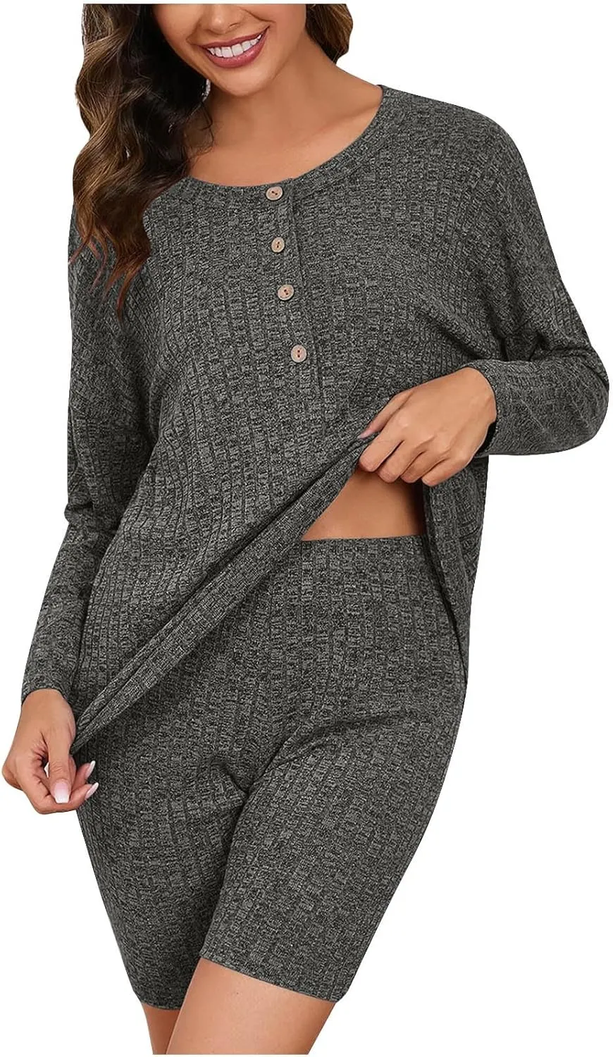 Women's Ribbed Pajama Set Soft 2 Piece Lounge Sets Long sleeve Button up Tops and Biker Shorts Comfy Sleepwear