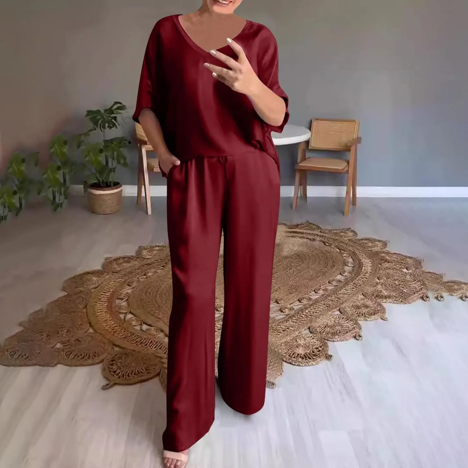 Womens Satin 2 Piece Outfits Silk Lounge Sets Half Sleeve Tops and Wide Leg Pants 2025 Casual Dressy Summer Loungewear