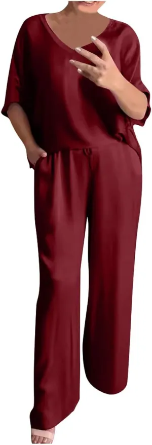 Womens Satin 2 Piece Outfits Silk Lounge Sets Half Sleeve Tops and Wide Leg Pants 2025 Casual Dressy Summer Loungewear