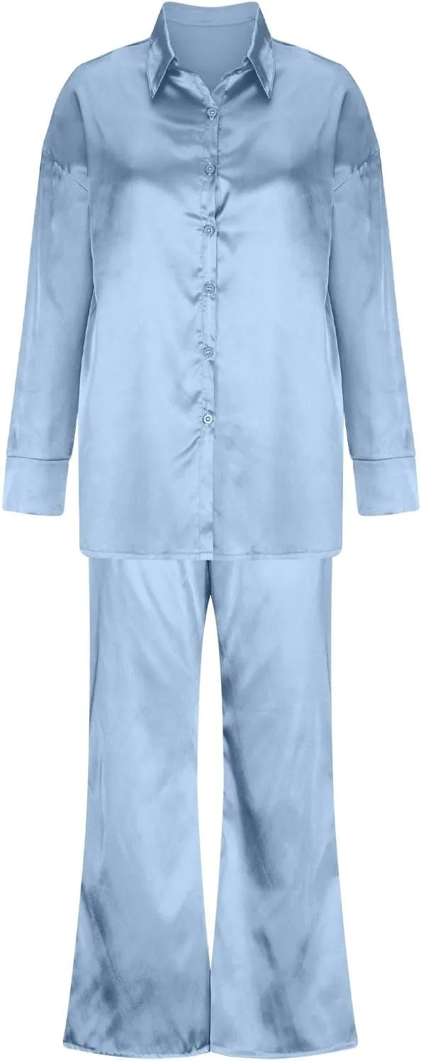 Womens Satin 3 Piece Pajamas Silk Cami and Pants with Button-Down Cardigan Robe Loose Fit Pjs Soft Loungewear Set