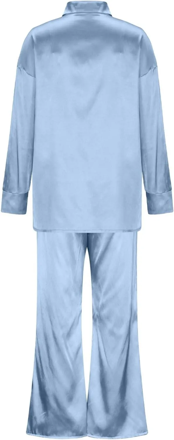 Womens Satin 3 Piece Pajamas Silk Cami and Pants with Button-Down Cardigan Robe Loose Fit Pjs Soft Loungewear Set