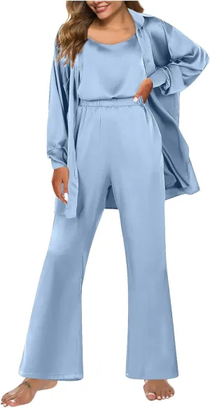 Womens Satin 3 Piece Pajamas Silk Cami and Pants with Button-Down Cardigan Robe Loose Fit Pjs Soft Loungewear Set