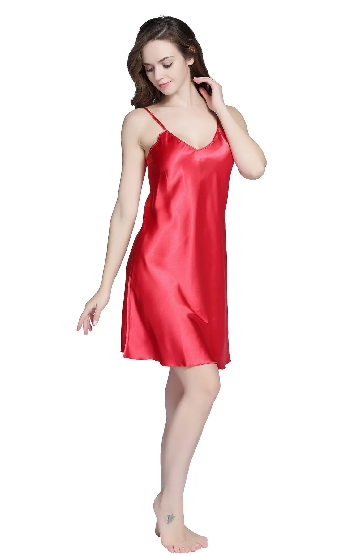 Women's Satin Nightgown Sexy Long Camisole -Red