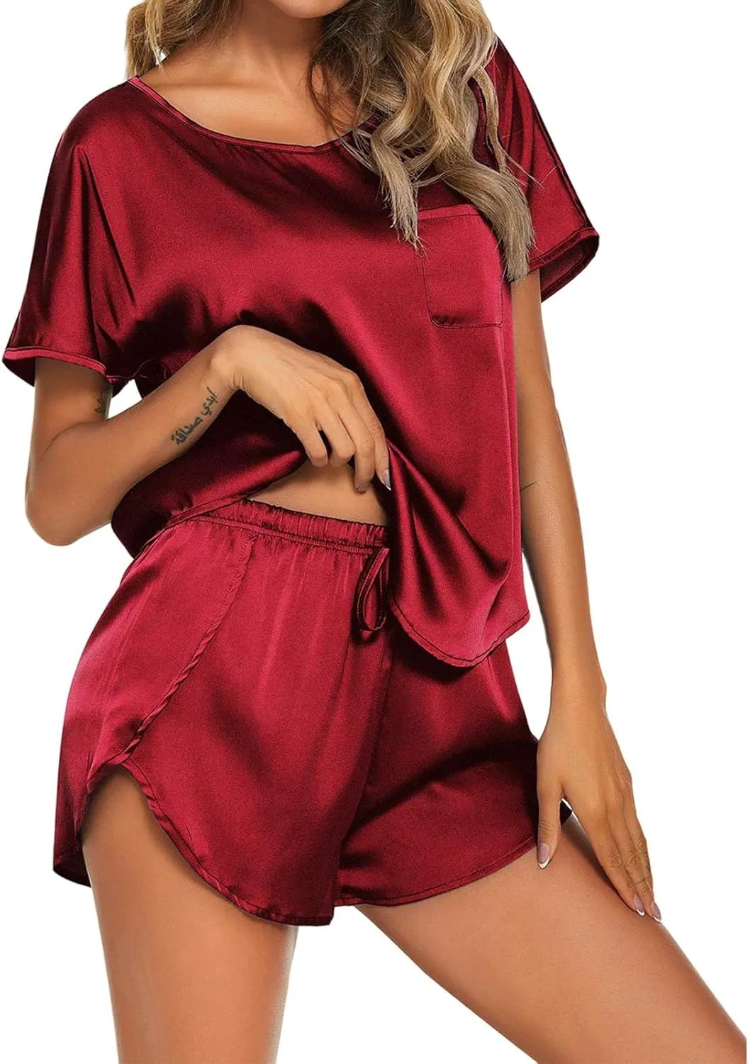Womens Satin Pajama Set Short Sleeve Top and Shorts Lightweight Silk Sleepwear Crew Neck Pjs 2 Piece Lounge Sets