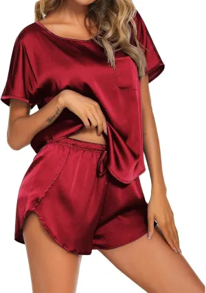 Womens Satin Pajama Set Short Sleeve Top and Shorts Lightweight Silk Sleepwear Crew Neck Pjs 2 Piece Lounge Sets
