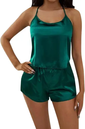 Womens Satin Pajama Set Short,2Pc Sleeveless Camisole Sexy Top Short Pants Lightweight Soft Loungewear 2k Clothes Sets