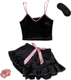 Womens Satin Pajama Sets Sexy Camisole with Ruffled Shorts Pajamas Suits Soft Comfy Silk Sleepwear Loungewear Set
