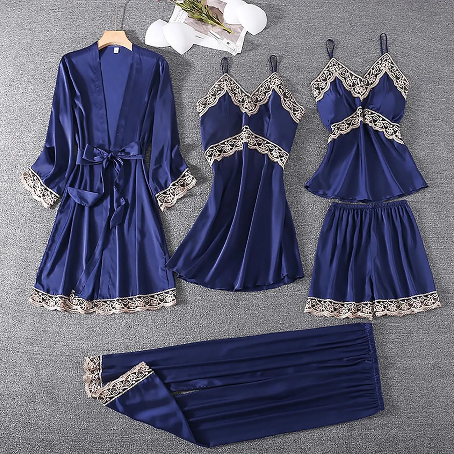 Womens Satin Pajamas 5 Piece Pjs Soft Sleepwear Lace Trim Nightgown Camisole Pants Shorts & Robe Set Nightwear