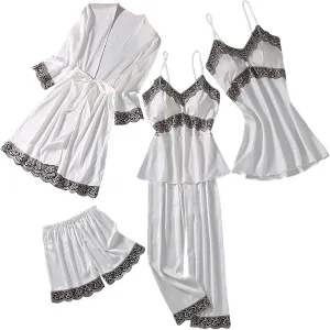 Womens Satin Pajamas 5 Piece Pjs Soft Sleepwear Lace Trim Nightgown Camisole Pants Shorts & Robe Set Nightwear