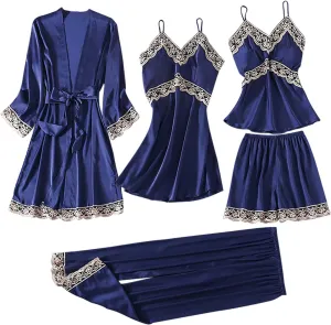 Womens Satin Pajamas 5 Piece Pjs Soft Sleepwear Lace Trim Nightgown Camisole Pants Shorts & Robe Set Nightwear