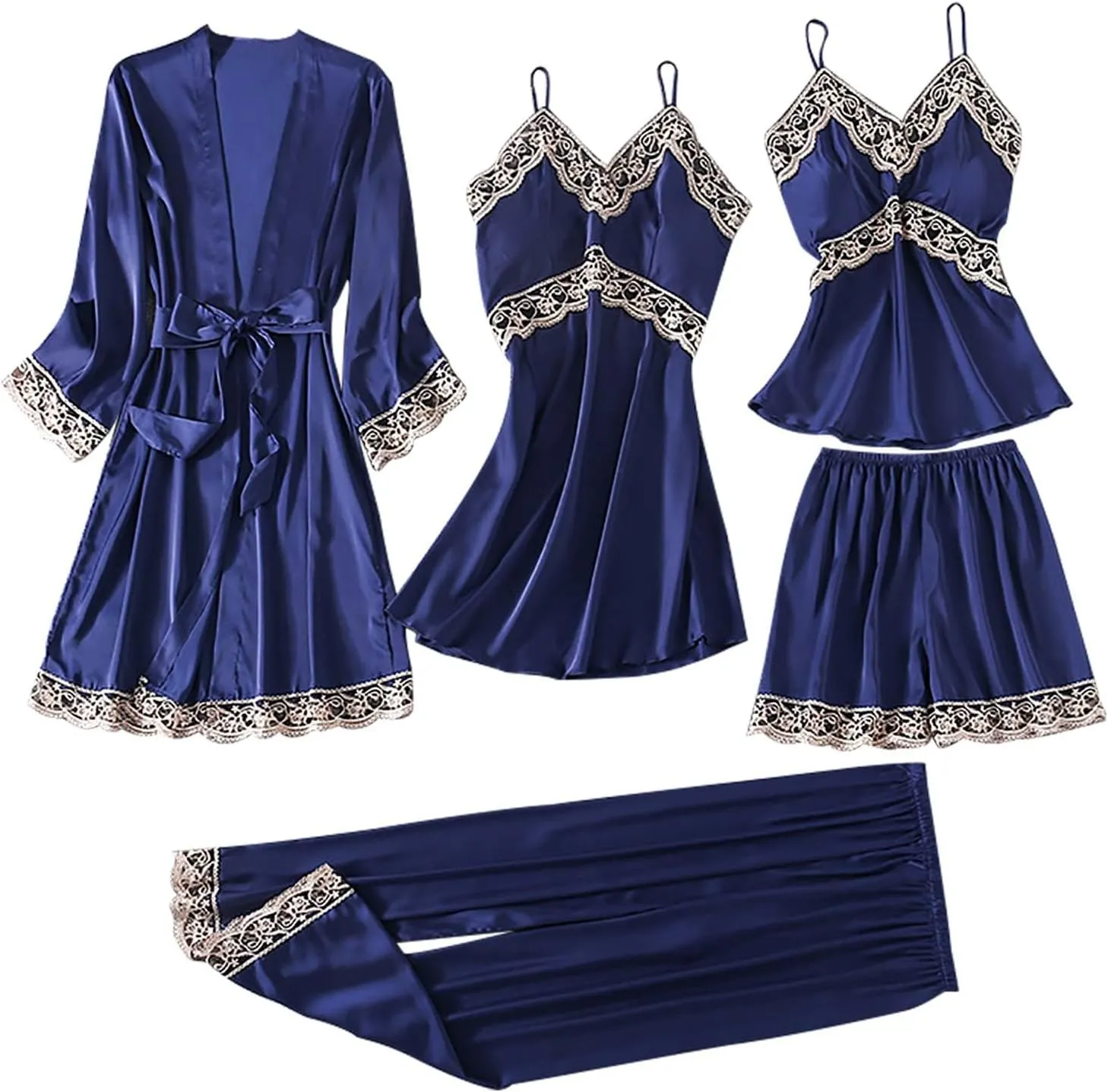 Womens Satin Pajamas 5 Piece Pjs Soft Sleepwear Lace Trim Nightgown Camisole Pants Shorts & Robe Set Nightwear