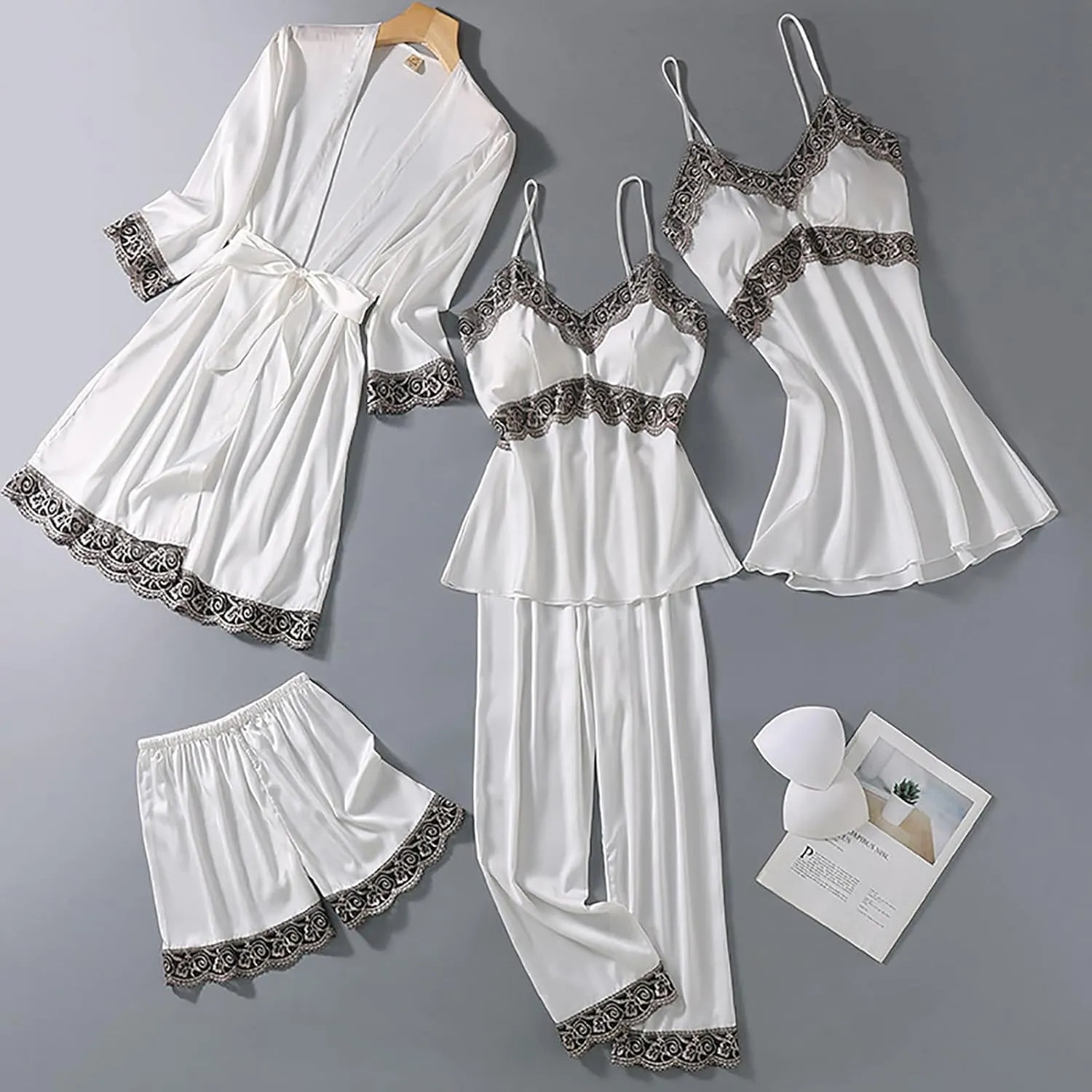 Womens Satin Pajamas 5 Piece Pjs Soft Sleepwear Lace Trim Nightgown Camisole Pants Shorts & Robe Set Nightwear
