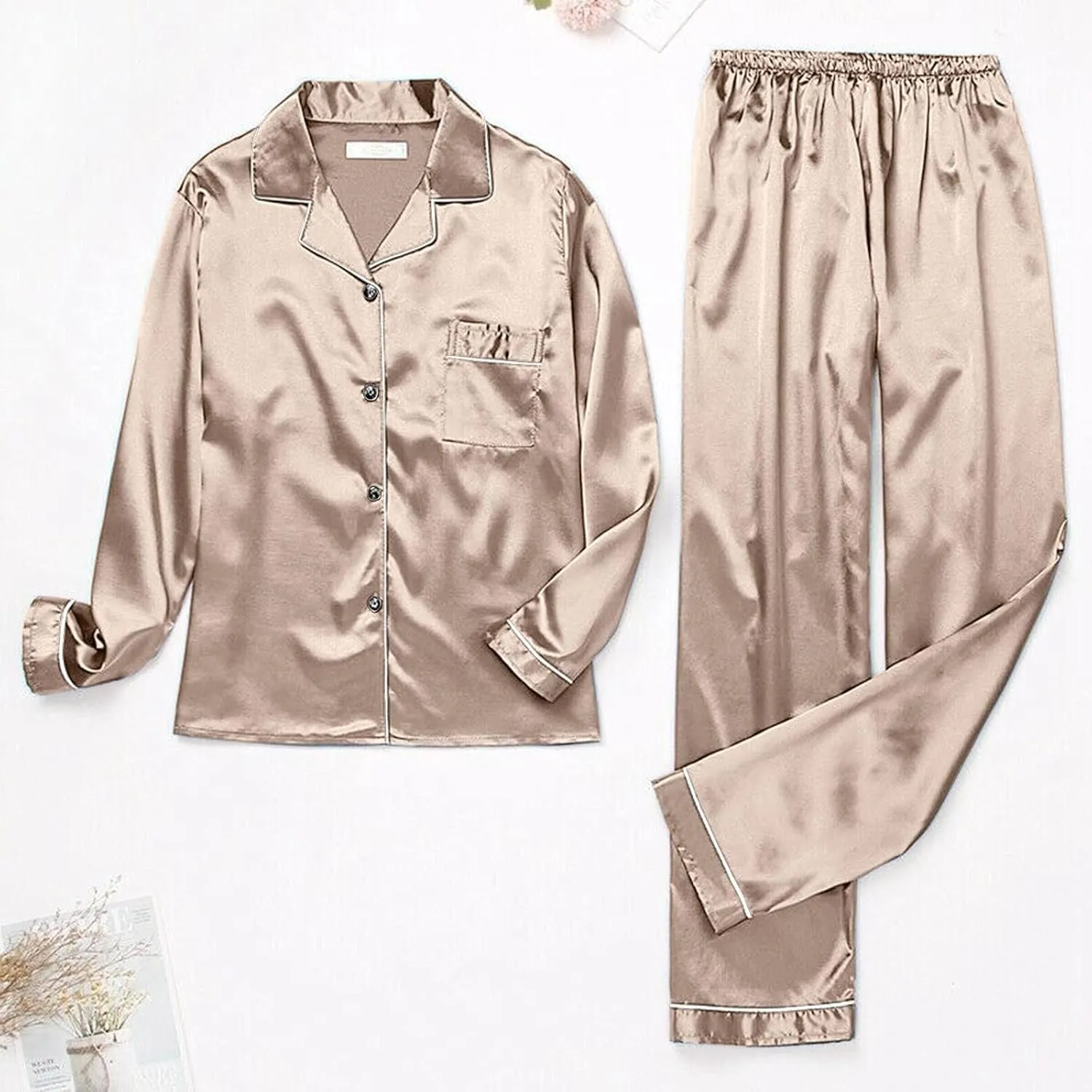 Womens Satin Pajamas Set Pajamas for Women Set Long Sleeve Button Up Sleepwear Soft Lightweight Soft Comfy Pjs Sets