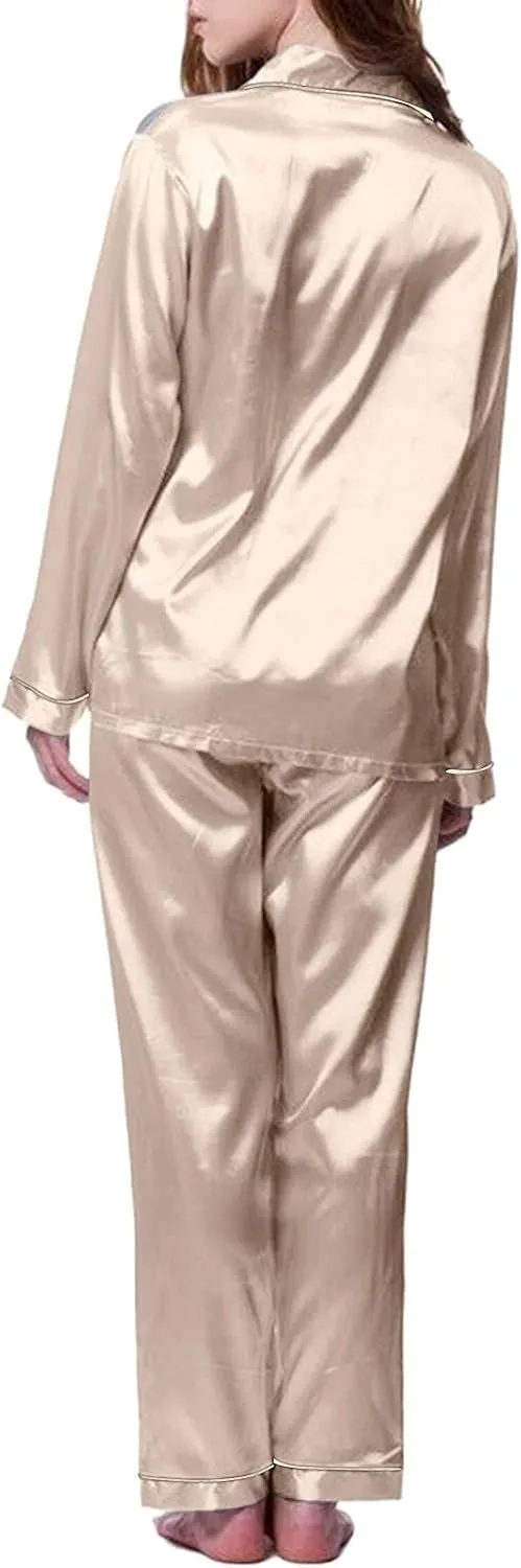 Womens Satin Pajamas Set Pajamas for Women Set Long Sleeve Button Up Sleepwear Soft Lightweight Soft Comfy Pjs Sets