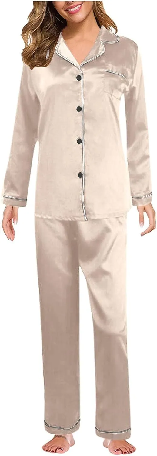 Womens Satin Pajamas Set Pajamas for Women Set Long Sleeve Button Up Sleepwear Soft Lightweight Soft Comfy Pjs Sets
