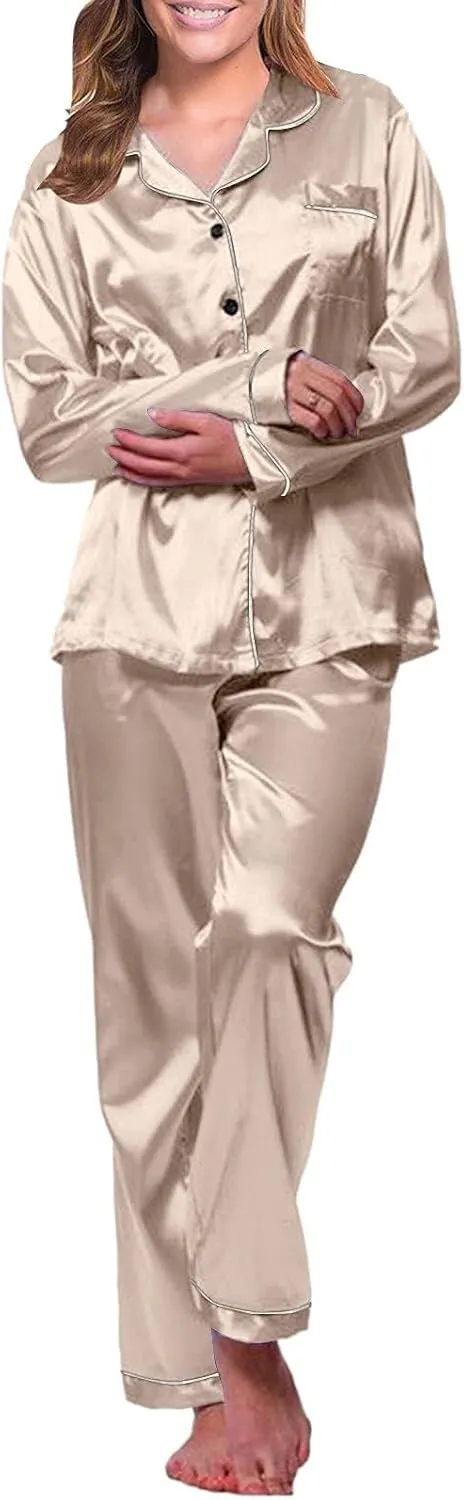 Womens Satin Pajamas Set Pajamas for Women Set Long Sleeve Button Up Sleepwear Soft Lightweight Soft Comfy Pjs Sets
