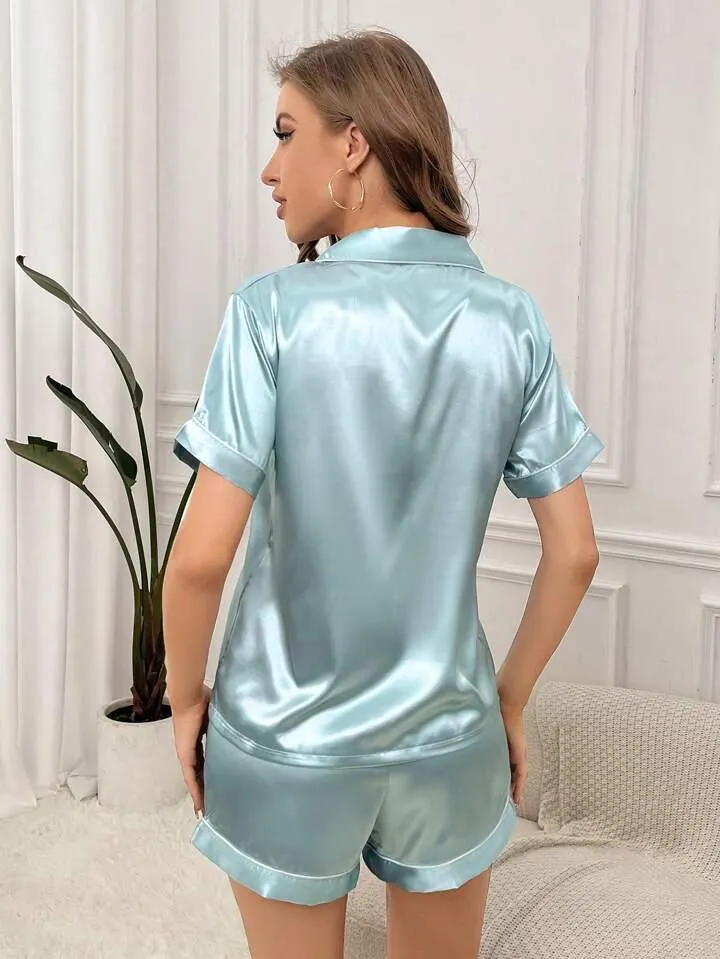 Women's Satin Plain/Solid Relaxed Night Suit Set of Top & Shorts Set