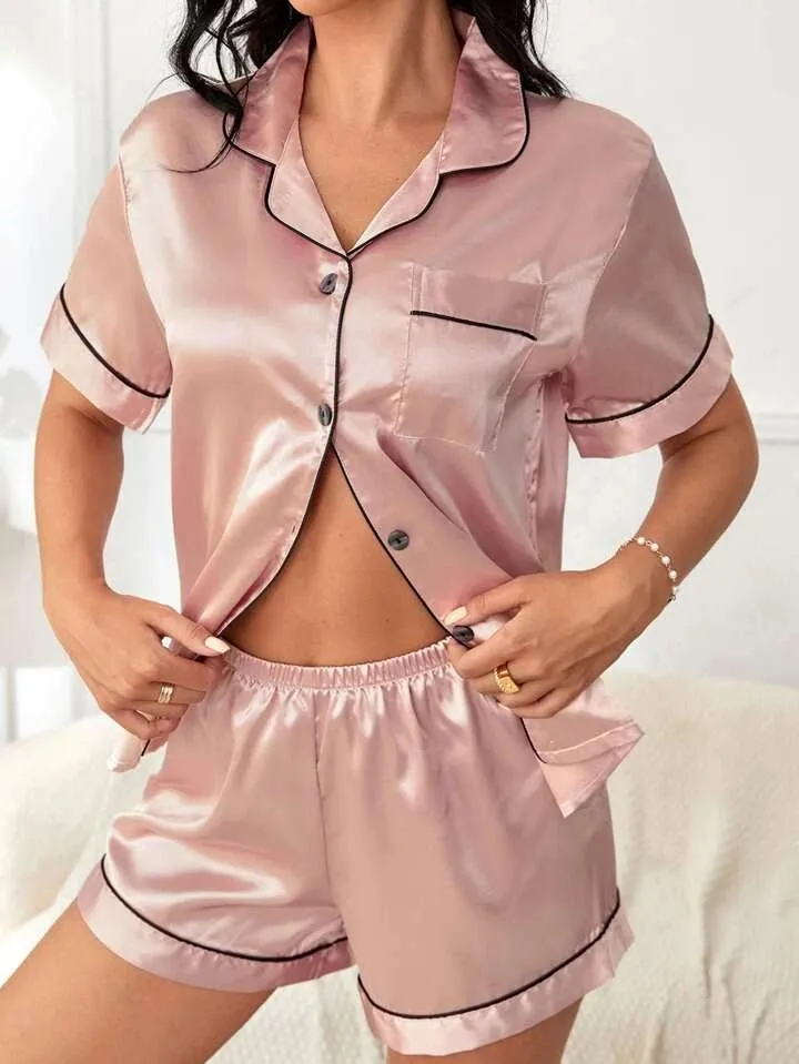 Women's Satin Plain/Solid Relaxed Night Suit Set of Top & Shorts Set