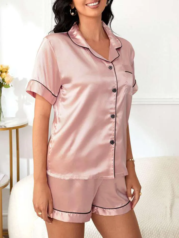 Women's Satin Plain/Solid Relaxed Night Suit Set of Top & Shorts Set