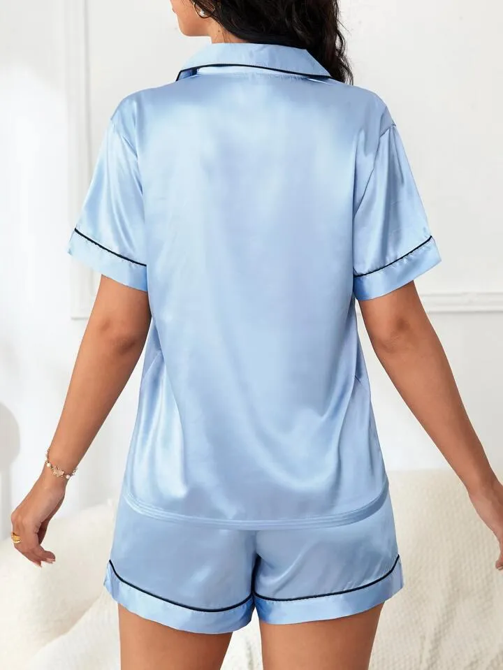 Women's Satin Plain/Solid Relaxed Night Suit Set of Top & Shorts Set
